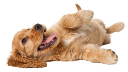 High-resolution studio photograph of a cute golden cocker spaniel puppy lying on its back, playful and happy expression with wide eyes and open mouth