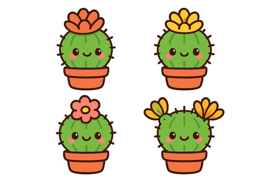 Set of cute cactus characters. Kawaii succulent plants with smiling faces and flowers in pots. Vector cartoon illustration collection for kids, stickers, home decor, gardening.