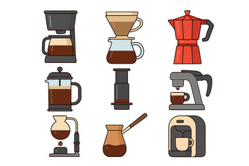 Coffee brewing methods vector icon set. Collection of various coffee makers and equipment like moka pot, french press, pour over, drip, espresso machine, cezve, and siphon.