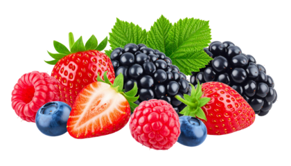 Fruits and berries, high quality realistic vector set. strawberry, blackberry, grape, raspberry, on transparent background.