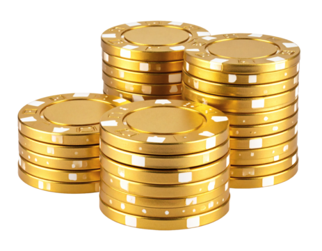 Golden poker chips stacked high representing wealth, luxury, and the thrill of winning big in games of chance
