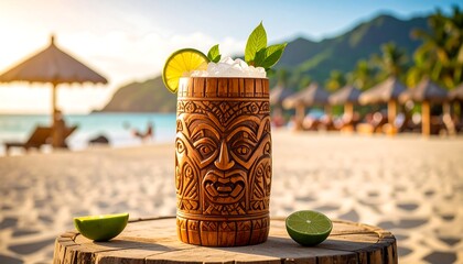 Tropical cocktail on a sandy beach at sunset
