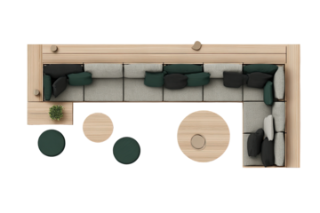 Top-down view of a light-colored wooden sectional sofa with various colored throw pillows, and small round tables