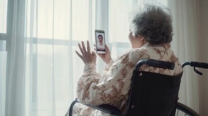 Senior Asian woman using smartphone for video call while sitting in wheelchair - Concept of Senior Tech Lifestyle  