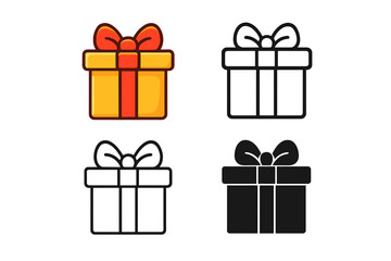 Gift box icon set. Present symbol collection in different styles: cartoon, outline, and glyph. Vector illustration for birthday, Christmas, or celebration. Surprise package.