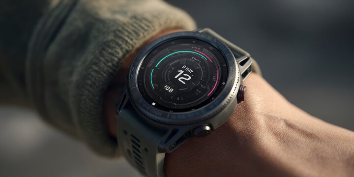 Smartwatch displaying fitness data on wrist outdoors in daylight - Concept of Senior Tech Lifestyle