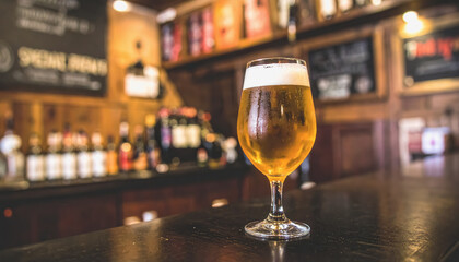 Chilled glass of beer enjoyed in a bar setting with sufficient copy space for text displaying specialty brews