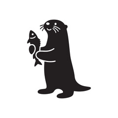 Fototapeta premium Silhouette of an otter standing upright, holding a fish in its paws. 