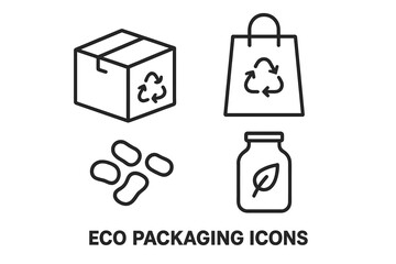 Naklejka premium Eco packaging outline icon set. Sustainable & recyclable materials concept. Cardboard box, paper bag, biodegradable peanuts, glass jar. Zero waste, green package vector symbols.