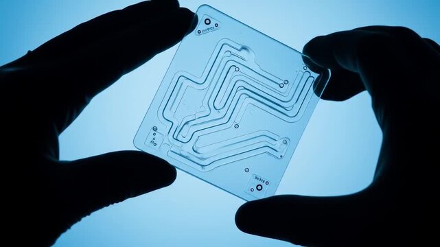 Gloved Hands Inspecting Microfluidic Device