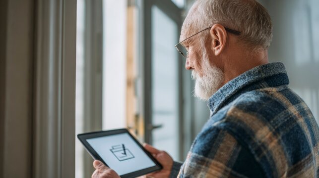 Elderly man using tablet while looking out the window at home, Concept of Senior Tech Lifestyle