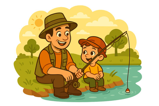 Father teaching son to fish on a river bank. Family bonding and quality time. Outdoor summer activity. Man and boy with fishing rod. Parenthood and childhood memories. Vector illustration. - Powered by Adobe