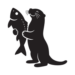 Silhouette of an otter standing upright, holding a fish in its paws. 