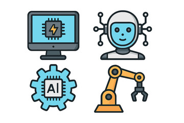 Obraz premium Icons representing technology, AI, and automation in modern industries. Vector cartoon set with robot, computer, processor and robotic arm. Future tech and machine learning concept.