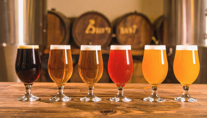 A row of specialty craft beer glasses showcasing unique brews and flavors in a delightful display