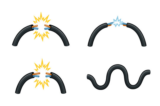 Vector illustration of broken and connected electrical wires. Set with short circuit, electricity spark, arc. Concept of power damage, connection problem, and repair icon.