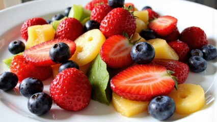 Fresh mixed fruit salad with strawberries blueberries and pineapple