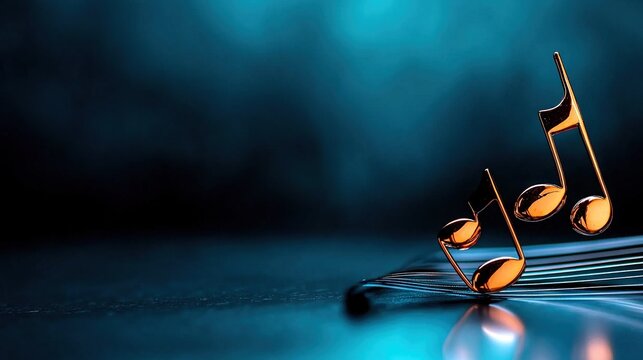  A trio of musical notes rest atop a blue and black table, near a glass of water