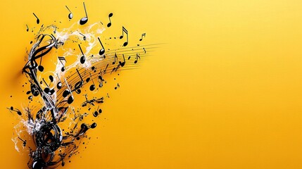 A falling musical note cluster on a yellow background with a splashed paint effect