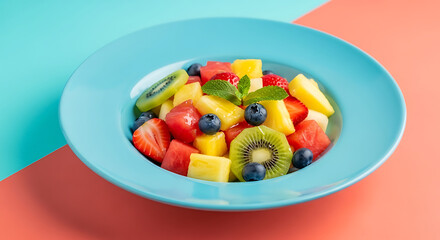 A bowl of colorful fruit salad with a blue and pink background. The fruit includes strawberries, blueberries, kiwi, and pineapple. The salad is garnished with mint leaves and a sprinkle of granulated 