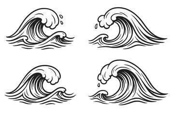 Ocean waves outline vector set. Dynamic surf wave line art. Black contour illustration. Sea wave tattoo design. White background. Nautical nature element. Beach surf art. Isolated graphic for decor.