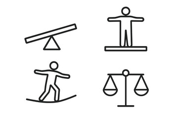 Balance and stability icon set. Seesaw, plank, tightrope walker, and justice scales symbols. Concept of equilibrium, harmony, work-life balance, and risk. Linear vector.