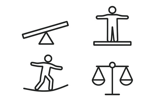 Balance and stability icon set. Seesaw, plank, tightrope walker, and justice scales symbols. Concept of equilibrium, harmony, work-life balance, and risk. Linear vector.