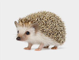 Obraz premium Small hedgehog with spiky fur stands on a light background, showcasing its unique features and adorable expression, representing the charm of wildlife and nature