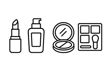 Beauty icon set. Cosmetics line icons. Makeup products vector. Lipstick, foundation, compact powder, eyeshadow palette. Skincare, glamour, salon, fashion, cosmetic symbol.
