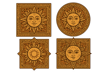 Ornate sun motif tribal geometric pattern collection, intricate ethnic folk art design, vector illustration set, bohemian Aztec style, square and round brown decorative frames for cultural themes