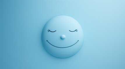 Minimalist smiling face with closed eyes on a blue background. A minimalist, abstract face with closed eyes and a gentle smile is set against a soft blue background. The simple design evokes a sense o
