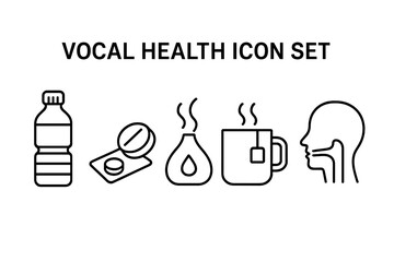 Vocal health and voice care outline icon set. Vector illustration with water bottle, throat lozenge, humidifier, warm tea, and larynx diagram. For singer, speaker, ENT.