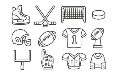 American football and ice hockey sports icon set. Collection of minimalist line art equipment symbols. Vector outline graphic elements for game day. Puck, stick, helmet, ball.