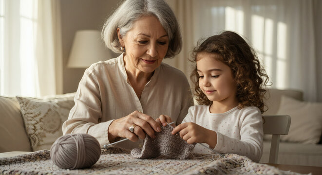 Caring grandmother teaching her little granddaughter to knit with yarn at home, sharing a cozy moment and a family hobby.