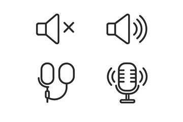 Audio line icon set. Vector sound symbols for UI UX design. Includes speaker for mute and unmute, volume control, podcast microphone for broadcast, recording, and in-ear monitors.