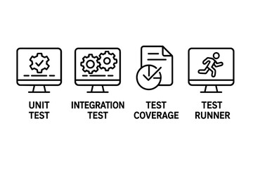 Automated testing process icons. Outline vector icon set for software development. Concepts of unit test, integration test, test coverage, test runner and quality assurance.