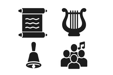 Early Christian hymn and worship icon set with ancient scroll, lyre harp, hand bell, and choir. Religious music, gospel praise, biblical psalms, community prayer icons.