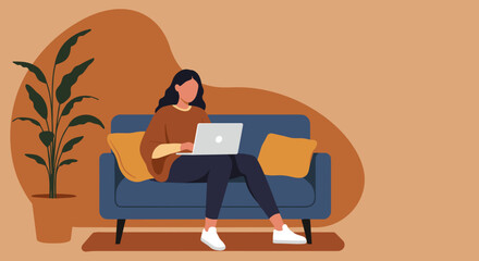 Woman working remotely on laptop at home. Relaxed modern lifestyle, digital nomad, online learning, or casual browsing concept.