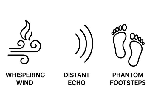 Abstract outline icon set with whispering wind, distant echo waves, and phantom footsteps. Sensory experience vector symbols for concepts of memory, loss, and mystery.