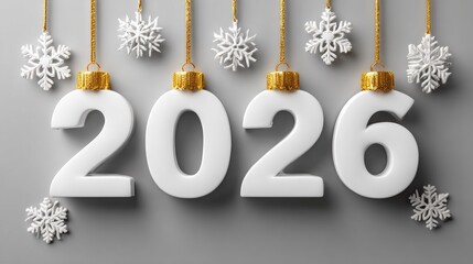 White numbers 2026 hang with golden caps and snowflakes on a gray background. Represents New Year celebrations and winter themes.