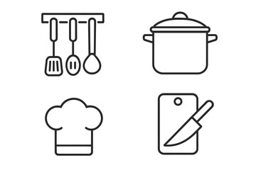 Cooking and kitchen outline icons set. Vector collection of culinary symbols. Chef hat, pot, pan, kitchenware tools, utensils, spatula, knife and cutting board elements.