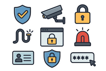 Security icon set for cybersecurity and data protection. Vector icons for web safety, privacy, surveillance, password authentication, and access control. Flat cartoon illustration.