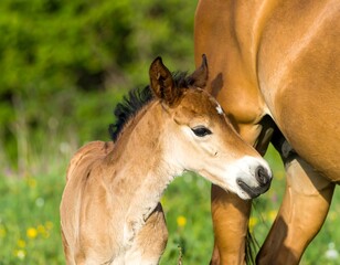 Fototapeta premium Young foal by its mother in a meadow