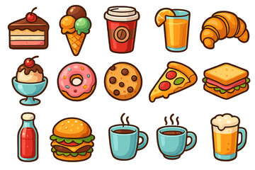 Cute cartoon food and drink icon collection. Vector set of fast food, desserts, snacks and beverages. Pizza, burger, cake, ice cream, donut, coffee for cafe menu illustration.