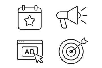 Marketing and promotion outline icons. Advertising campaign concept. Event calendar, megaphone announcement, digital ad, and target goal symbols. Business strategy vector set.