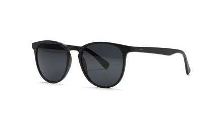 Sleek, black sunglasses with round lenses and a matte finish rest on a white background, offering a stylish, minimal aesthetic