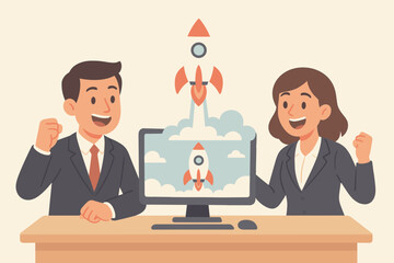 Business people celebrate successful project launch. Rocket launching from computer screen. Startup takeoff concept. Teamwork success, innovation, and company growth metaphor.