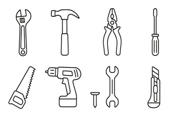 Fototapeta premium Hardware tools line icon set. Home improvement and construction symbols. DIY, handyman essentials for repair and renovation. Hammer, saw, drill, wrench vector illustration.