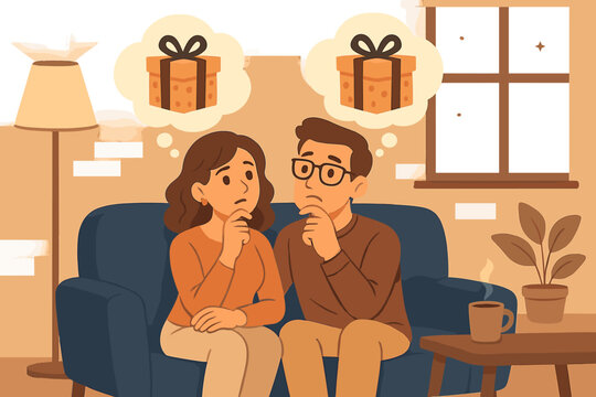 Couple thinking about gift for special occasion. Man and woman on sofa with present thought bubble. Relationship problem, anniversary choice, birthday surprise. Vector cartoon.