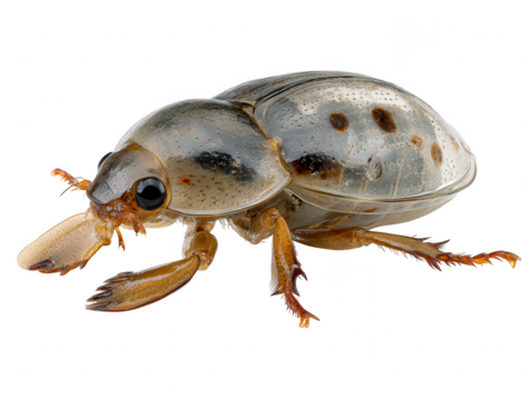 Detailed macro view of a water beetle with large mandibles isolated on transparent background